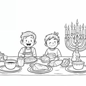 דף צביעה: שולחן חגיגי עם אוכל חנוכה