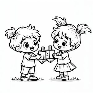 דף צביעה: ילדים משחקים בסביבונים יחד